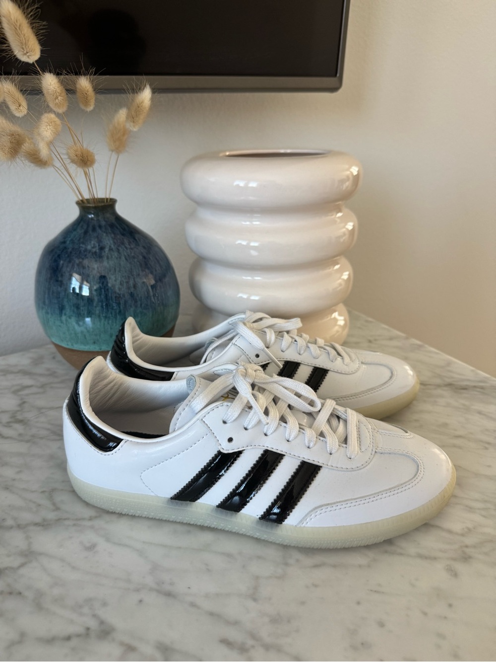 adidas Dill Samba Patent White Sneakers with Black Stripes